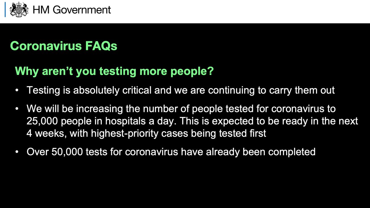 We are leading a national effort to fight #coronavirus in the UK and taking the necessary steps based on the best scientific advice. We will be stepping up capacity of testing to 25,000 people in hospitals a day. #CoronavirusFAQs