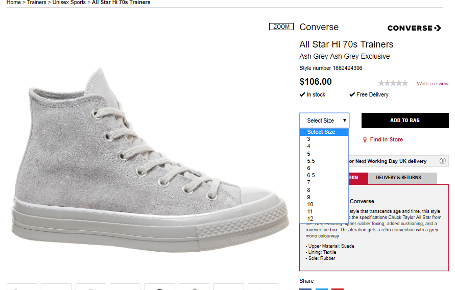 all star hi 70s trainers ash grey ash grey exclusive