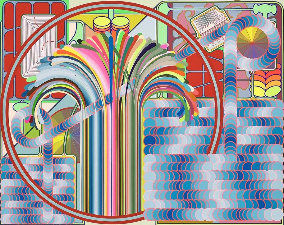 Paintings by American artist Eric Shaw, 2019-2020, who creates digital drawings inspired by logos and signage using a phone app, then transforms that imagery into acrylic paintings