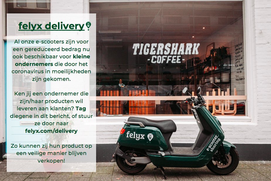 Uživatel felyx na Twitteru: „Om bij te dragen waar kan, hebben we binnen  felyx besloten om nu ook e-scooters aan te bieden aan kleine winkels en  restaurants tegen een gereduceerd tarief. Ken