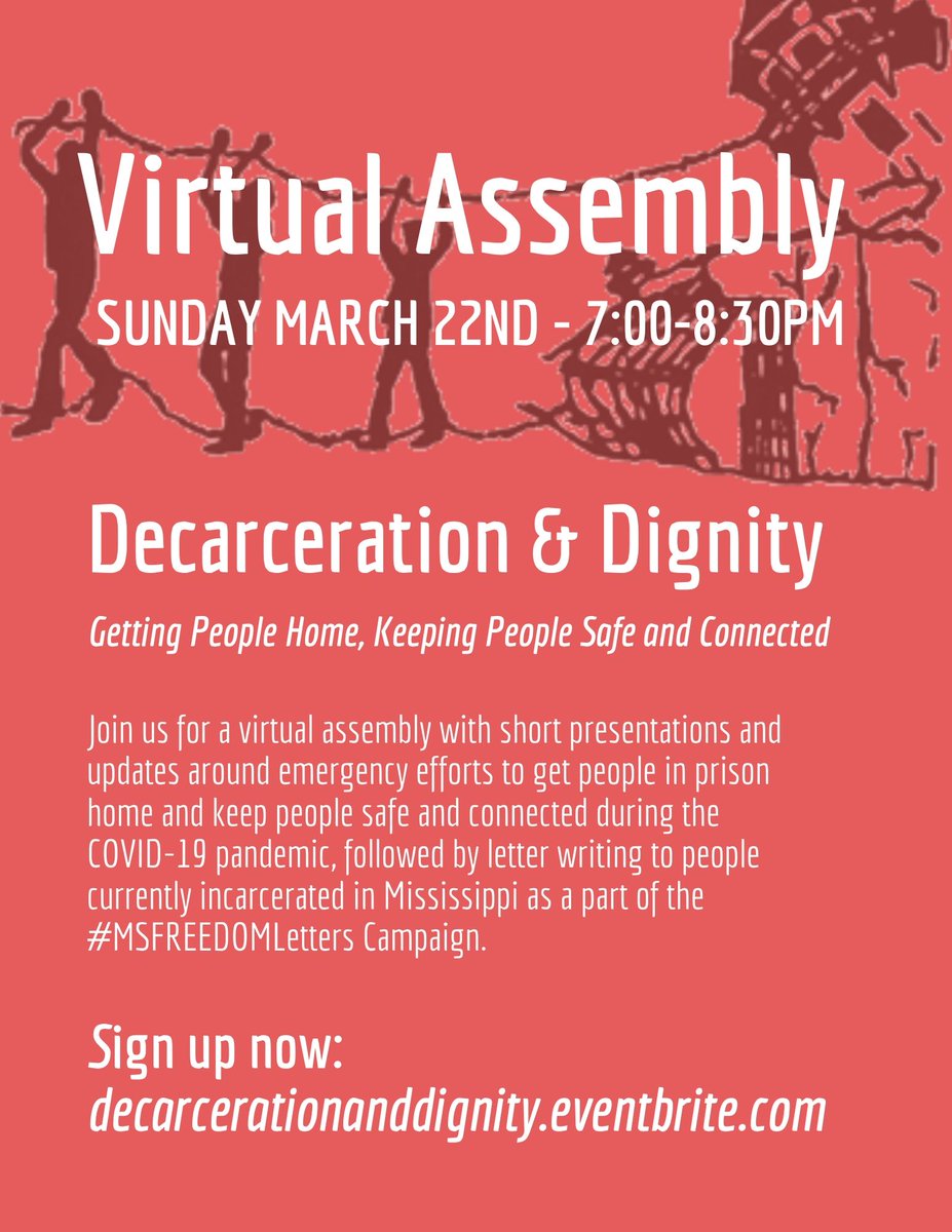 survivepunishNY's tweet photo. Amplifying this online event from our comrades involved with the #MSFREEDOMLetters campaign, "Decarceration & Dignity Virtual Assembly: Getting People Home, Keeping People Safe and Connected!" Sunday, March 22nd from 7:00-8:30pm! Register now: https://t.co/TJzDSX0JkE #FreeThemAll https://t.co/Z2u6xIJpiF