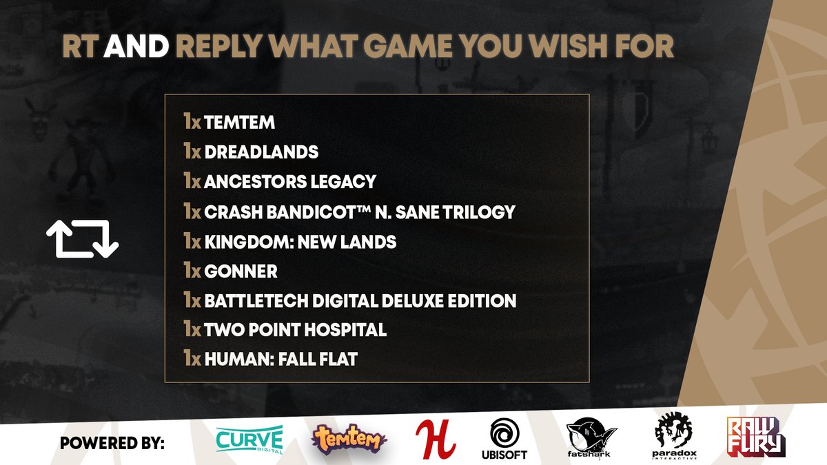 NIP's tweet image. It&apos;s the FIRST day of &quot;7 Days of Giveaways&quot; 🔥 Just follow the instructions and YOU&apos;RE IN!

Winners will be picked tomorrow at 12:00 CET / 7:00am ET / 20:00 JST and contacted thru DM.

Powered by @PlayTemtem @Ubisoft @PdxInteractive @RawFury @humble @curvedigital | #StayAtHome 🏡