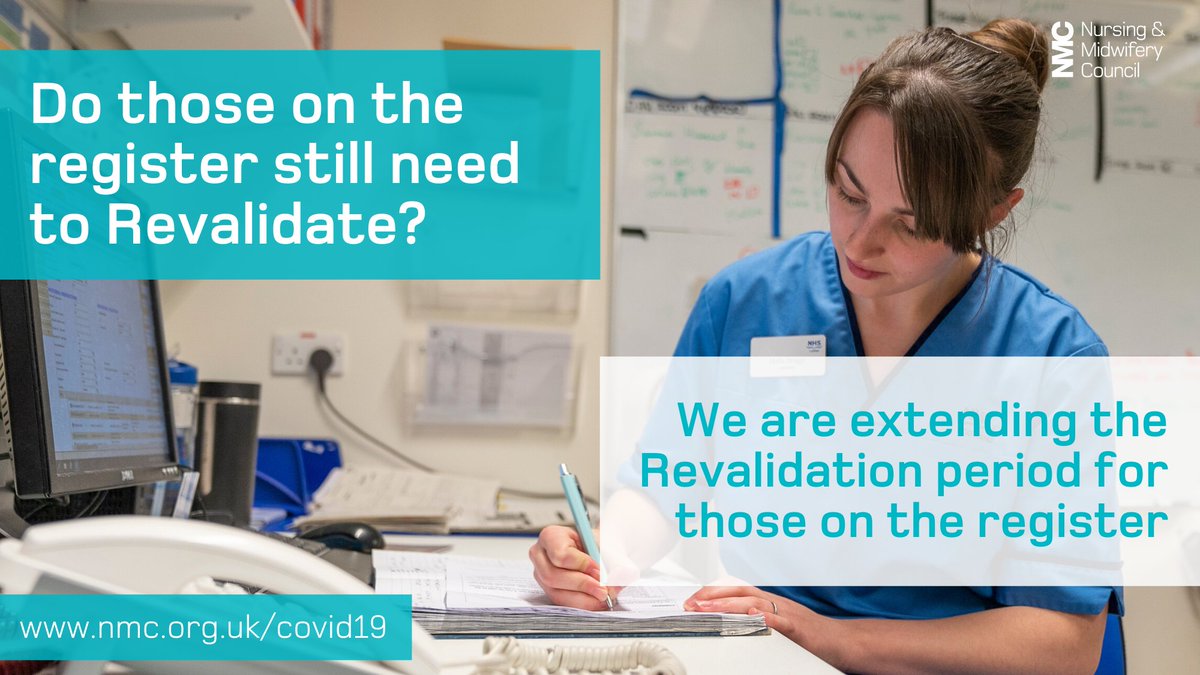 nmcnews's tweet image. 🚨 Update on #Revalidation 🚨

Those on our register will have an additional 3️⃣ months from their current revalidation application date. 

We are seeking further flexibility with our legislation, and we will give an update on this soon.

nmc.org.uk/news/news-and-…

#COVID19