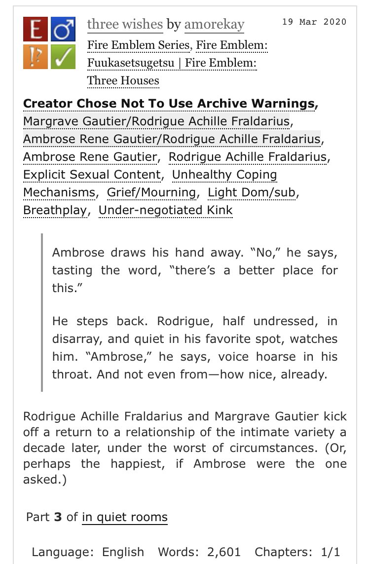 amorekays's tweet photo. three wishes // ambrose/rodrigue // [explicit] 

rodrigue and ambrose kick off a return to a relationship of the intimate variety a decade later, under the worst of circumstances. (or, perhaps the happiest, if ambrose were the one asked.)

https://t.co/zgqGJT3HAN https://t.co/BVsn2AMV78