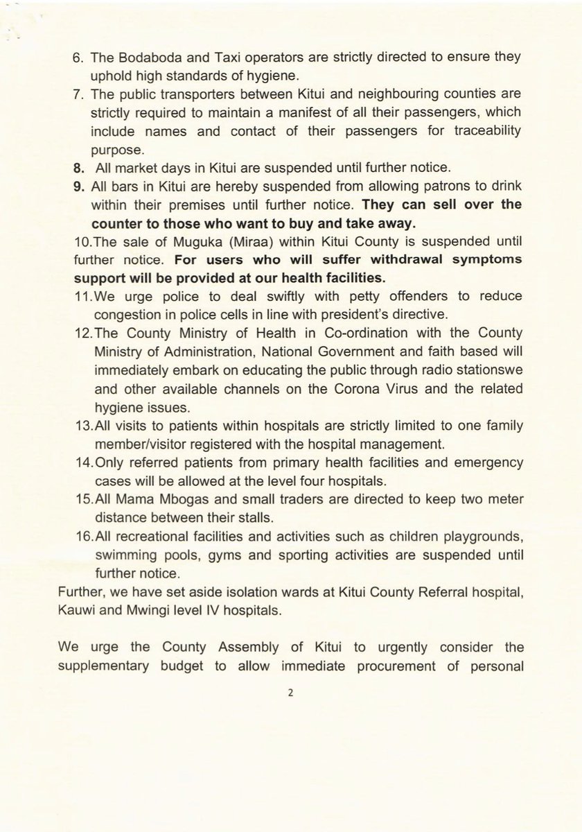 mamangilu's tweet photo. JOINT STATEMENT BY ALL KITUI COUNTY LEADERSHIP ON COVID-19 (Coronavirus)

Following the confirmation of the COVID-19 (Coronavirus) case in Kenya and subsequent guidelines and directives issued by H.E. President Uhuru Kenyatta, we make the following directive in compliance: https://t.co/S9e4vN4cNm