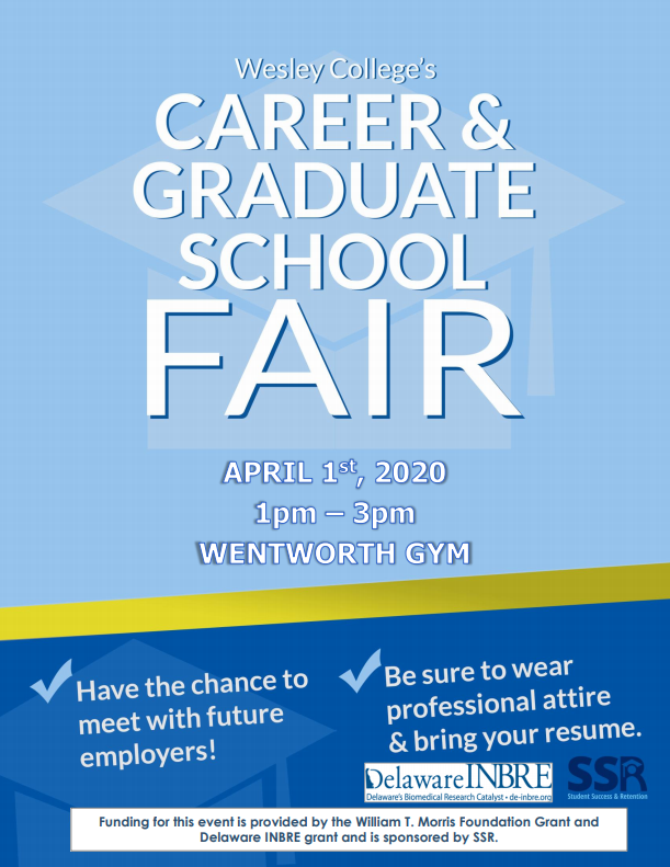 wesley_SSR's tweet photo. The Career and Graduate School Fair scheduled to take place on April 1st, 2020 has been CANCELLED. Although this event is cancelled, Career Advising is still available via careerservices@wesley.edu. Thank you for your understanding. 👍 https://t.co/8vyue2Ucpx