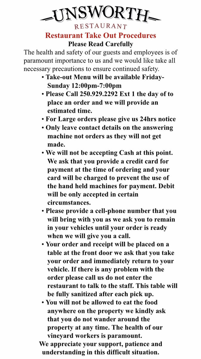 These are the procedures for ordering takeout from Unsworth Restaurant this weekend. The menu is in the post below.