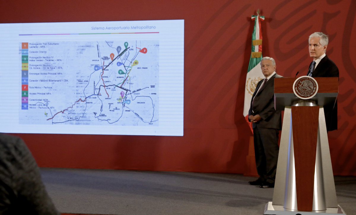 alfredodelmazo's tweet photo. En la conferencia matutina del Presidente @lopezobrador_, presentamos las obras que llevamos a cabo de manera conjunta con el @GobiernoMX y el @GobCDMX, para conectar al Aeropuerto Internacional “Felipe Ángeles” con el @AICM_mx y el @AIT_MX. https://t.co/uBSdz7suTD