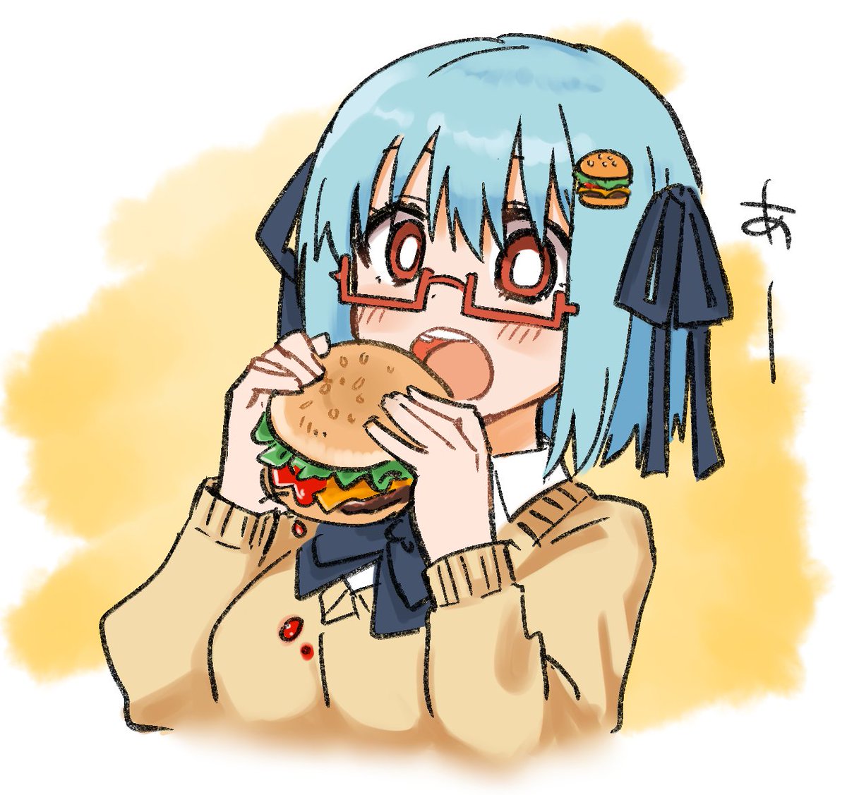 「珍しくハンバーガーを食べてるハンバーガーちゃんの絵 」|ハンバーガーのイラスト