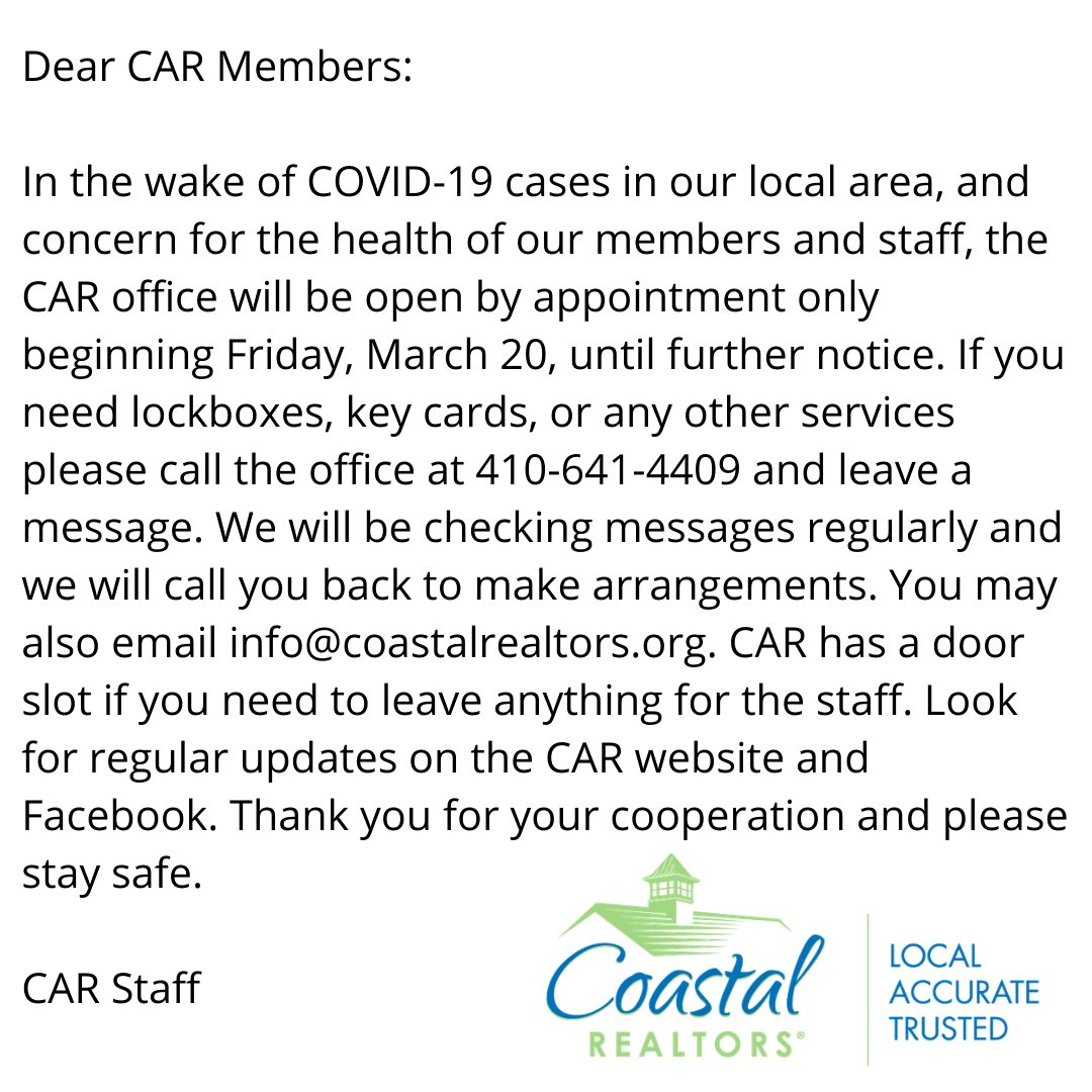CoastalAOR's tweet photo. #local #accurate #trusted #professionals #realtor #realtors #realestate #covid19 #coronavirus #maryland #WicomicoCounty #WorcesterCounty #SomersetCounty #EasternShore https://t.co/J8wIZorfS3
