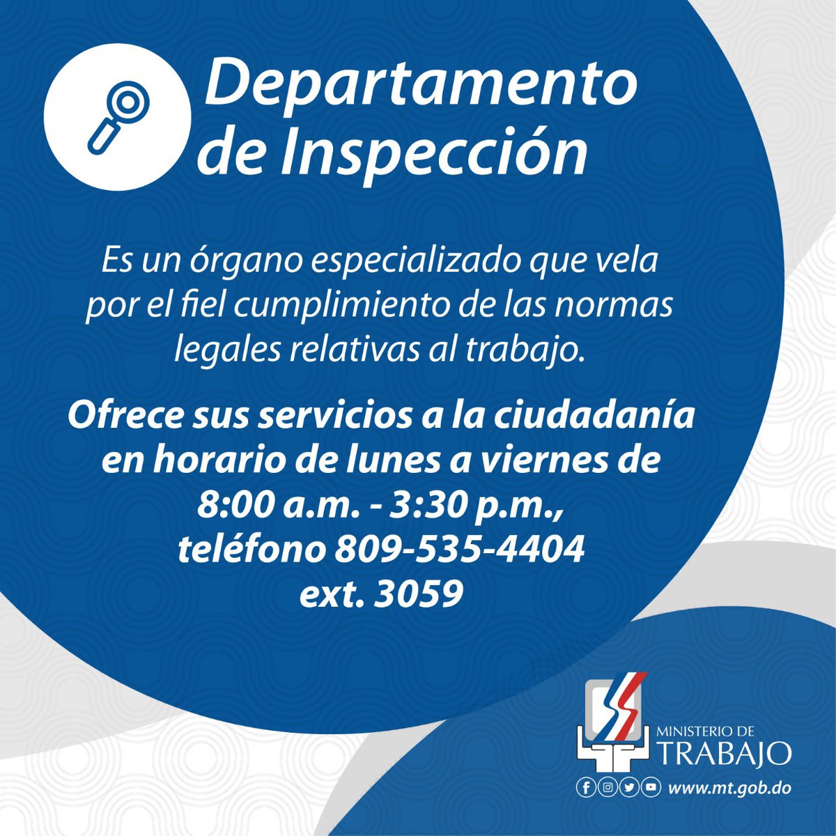 Ministerio de Trabajo 🇩🇴 on Twitter: El de Trabajo a través del Departamento de Inspección ofrece servicios a la ciudadanía. Cualquier inquietud puede comunicarse al teléfono 809-535-4404 extensión 3059.