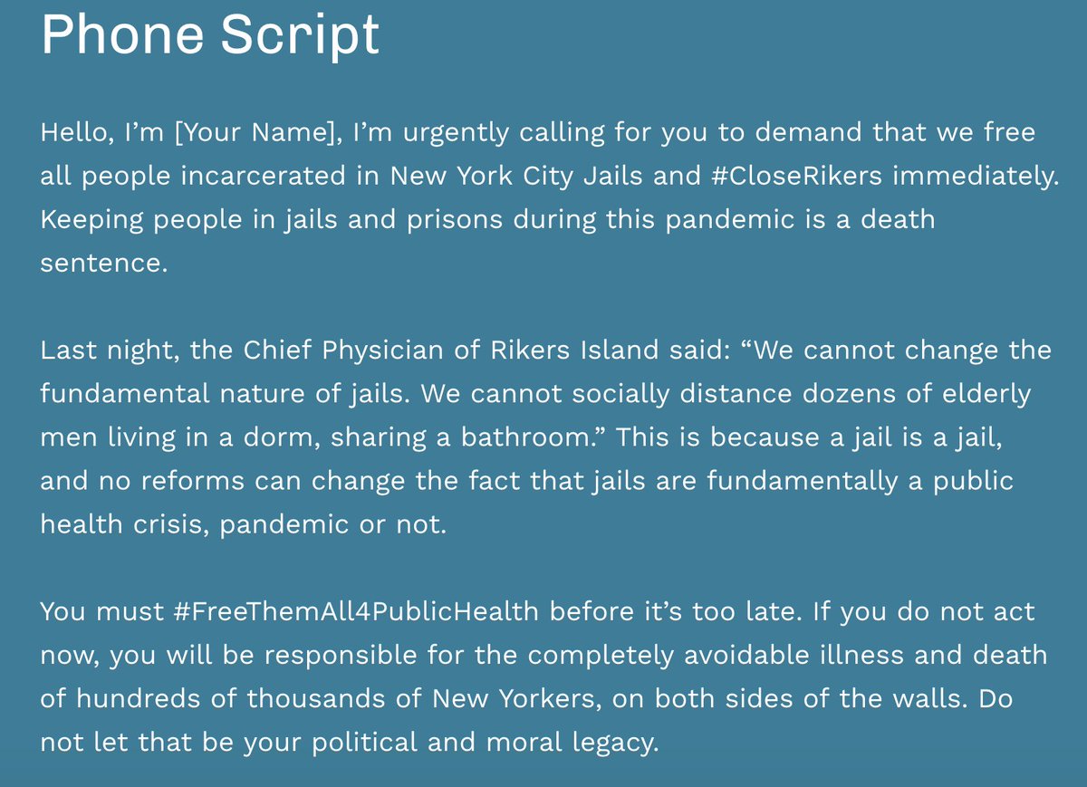 Call to Action || #FreeThemAllForPublicHealth

Call and email <a href="/NYGovCuomo/">Archive: Governor Andrew Cuomo</a> <a href="/AOC/">Alexandria Ocasio-Cortez</a> <a href="/NYCMayor/">Mayor Eric Adams</a> and your city council members. Get in their mentions. 

Tell them what needs to happen to protect the lives our community members who are locked up in their cages.

freethemall4publichealth.org/phone-zap/