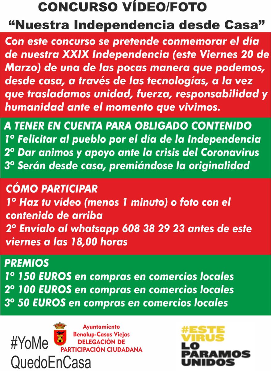 AytoBenalupCV's tweet photo. Concurso vídeo/foto "Nuestra Independencia desde casa" #Benalup #COVIDー19 #YoMeQuedoEnCasa  https://t.co/NXtKpCYN9W https://t.co/GZtHLZrQb6