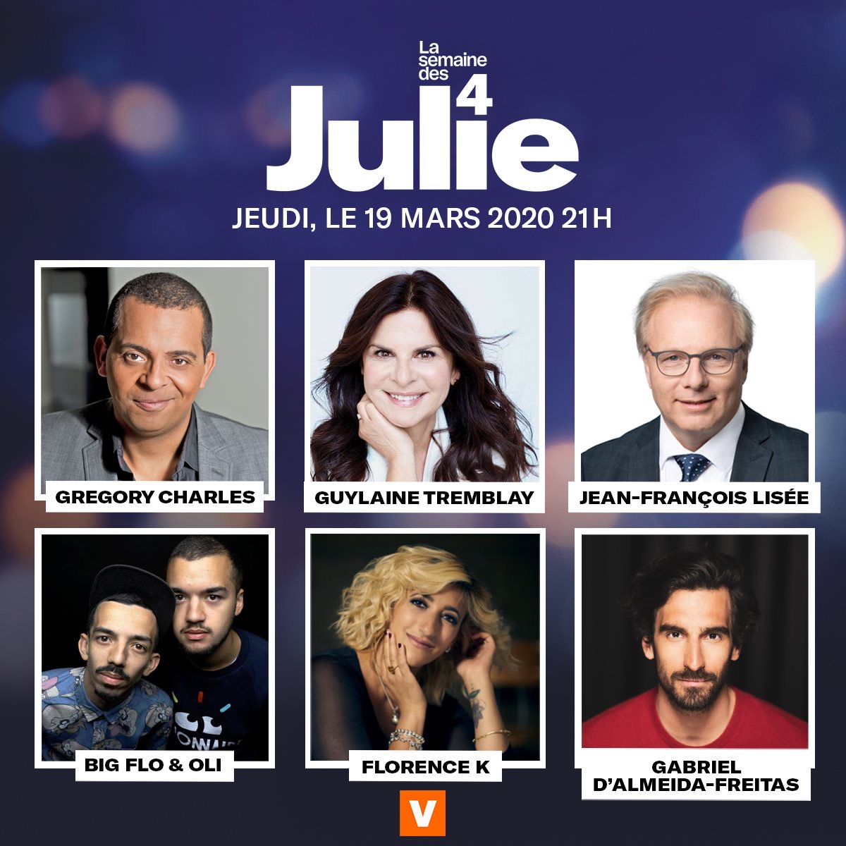 _GregoryCharles's tweet photo. RDV ce soir à 21h à #LaSemaineDes4Julie 🕺
J'y serai en compagnie de #GuylaineTremblay ,  #JFLisée, #BigfloEtOli, #FlorenceK et #GabrielDAlmeidaFreitas
👉  Sur V et Noovo / En rattrapage sur https://t.co/dUTaq7utYW 💻

#SemaineDes4Julie #EnregistrementTypeCOVID19 #RestezChezVous https://t.co/pYTWrfKH0F