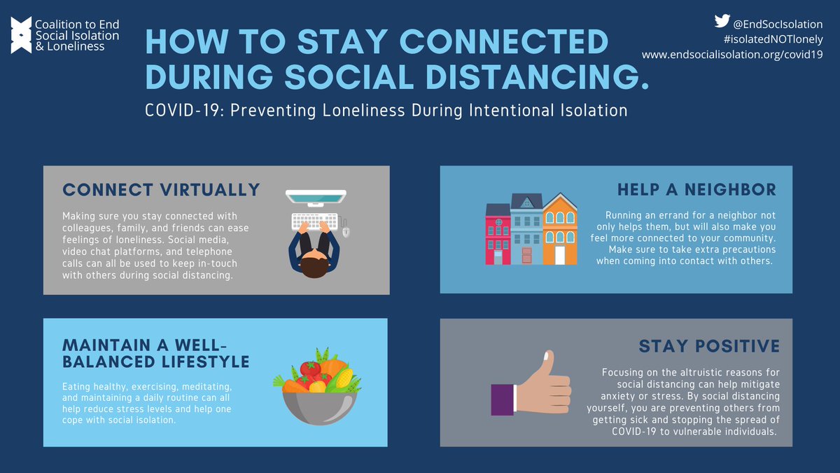 While necessary to prevent the the spread of  #COVID19,  #physicaldistancing can have negative effects on  #mentalhealth. @EndSocIsolation put together tips on how to be  #isolatedNOTlonely during intentional isolation @DellMedSchool  #healthcomm