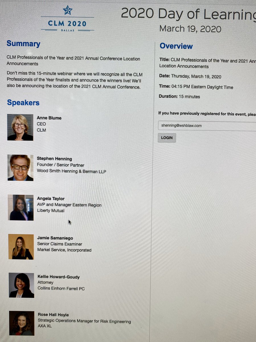 Looking forward to the next presentation and passing the baton to this years Outside Counsel of the Year #CLM2020 #VirtualConference