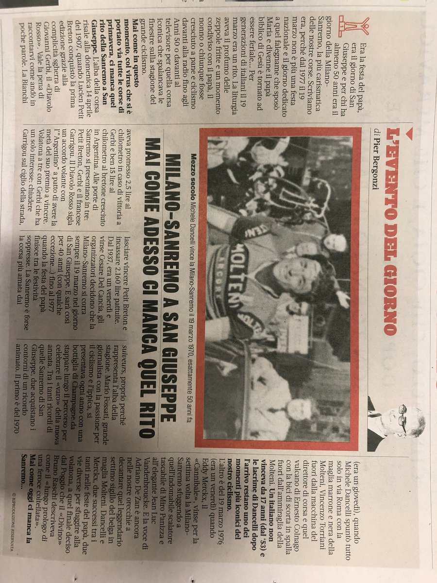 pierbergonzi's tweet photo. Oggi sulla @Gazzetta le lacrime di #Dancelli e la nostalgia per quelle @Milano_Sanremo di #sangiuseppe la festa del papà e della Sanremo... Mai come adesso ci manca!!! https://t.co/0U6kLGIRgq
