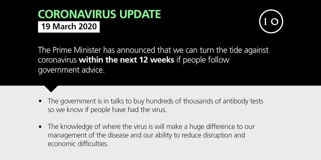 10DowningStreet's tweet photo. We can turn the tide against coronavirus in the next 12 weeks - BUT ONLY IF we all follow government advice and look out for one another.

➡ Practice social distancing

➡ Stay at home if you have a cough or fever

➡ Wash your hands regularly
➡  https://t.co/0G9LPXVhiP https://t.co/J5pgoQCwIK