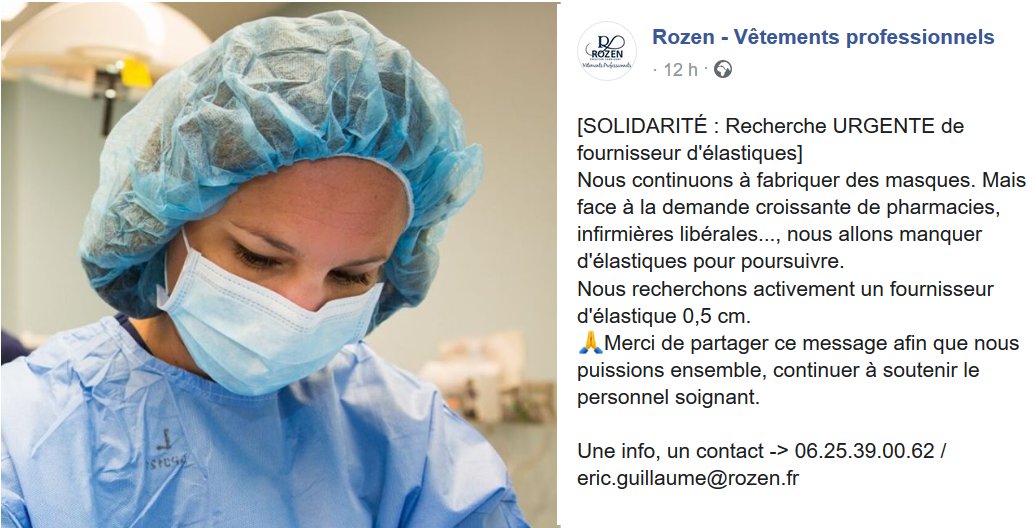 #covid19 #SolidariteCOVID19 La société Rozen à Lamballe qui conçoit, en ce moment, des masques lavables pour le personnel hospitalier, recherche un fournisseur d'élastique 0,5 cm.⬇️
🙏 Merci pour vos partages. 
france3-regions.francetvinfo.fr/bretagne/cotes…