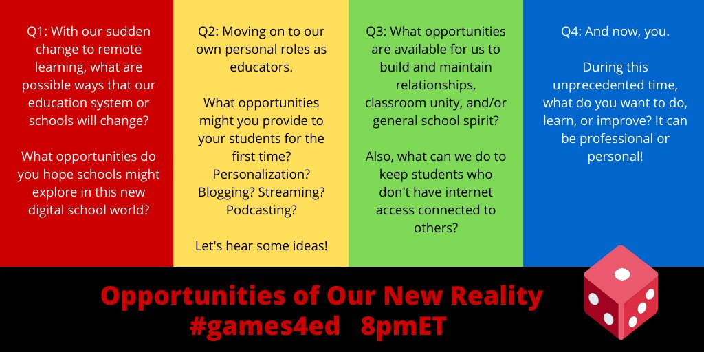 mpilakow's tweet photo. Sneak preview of tonight's #games4ed chat.

Topic: Finding OPPORTUNITIES in our New Reality

Join us! 8pmET/7pmcT/6pmMT/5pmPT

#nebedchat #iaedchat #iledchat #fledchat #TXed #inedchat #nyedchat #coedchat #idedchat https://t.co/MKK5JxMMOe