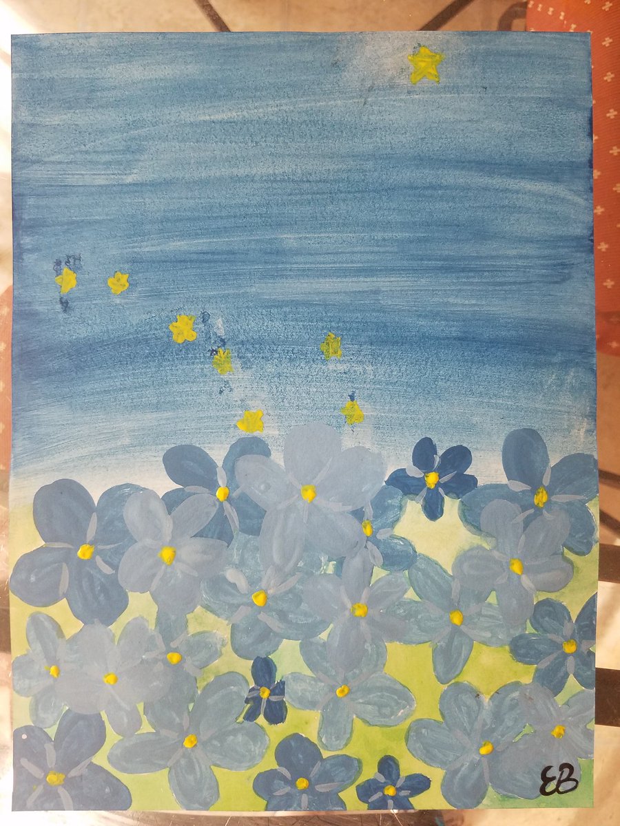 Yesterday, Emily looked up all of the state flowers and has used this afternoon to work on this watercolor. It's forget-me-nots with the state flag of Alaska in the sky. @msmecumartclass