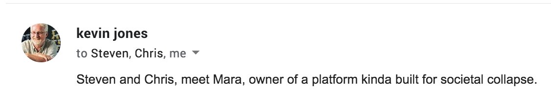 "Stephen and Chris, meet Mara, owner of a platform kinda built for societal collapse."

I wish I had this foresight to use this as our "Market Size" slide when I was pitching. 😭

If your community is in pain, we are here for you. An example: pdxstartups.switchboardhq.com