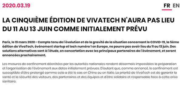 SanofiFR's tweet photo. Compte tenu de l'épidémie #COVID19, la 5e édition de #VivaTech, dont @Sanofi est partenaire, n'aura pas lieu du 11 au 13 juin.
La santé des visiteurs et des exposants est une priorité.
Pensée pour les équipes #VivaTeam 👊
➡️ https://t.co/Sw2pXenJpa https://t.co/JcPNPez4Ug
