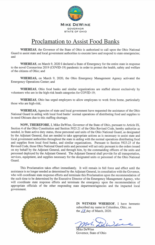 GovMikeDeWine's tweet photo. Yesterday I activated the @OHNationalGuard to support food banks that are short-staffed due to #COVID19. They will be available to help food pantries that request assistance. Here is the proclamation with their specific orders. https://t.co/6Hw70vkBGj