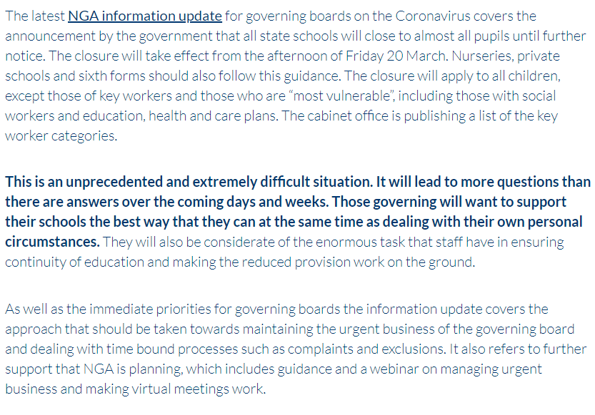 UPDATED: Coronavirus information for governing boards including school closures, immediate priorities for boards and dealing with timebound processes.

Access the free information ➡️ bit.ly/NGAcoronavirus3