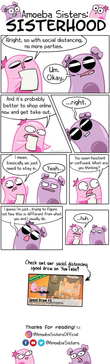 AmoebaSisters's tweet photo. Social distancing may be...easier for some than others. 
Brand new #AmoebaSistersSisterhood comic out on @webtooncanvas! Check out all our other comics about the daily lives of the #AmoebaSisters ➡️ https://t.co/NwzWS8BoOe https://t.co/OhwpvjucLU