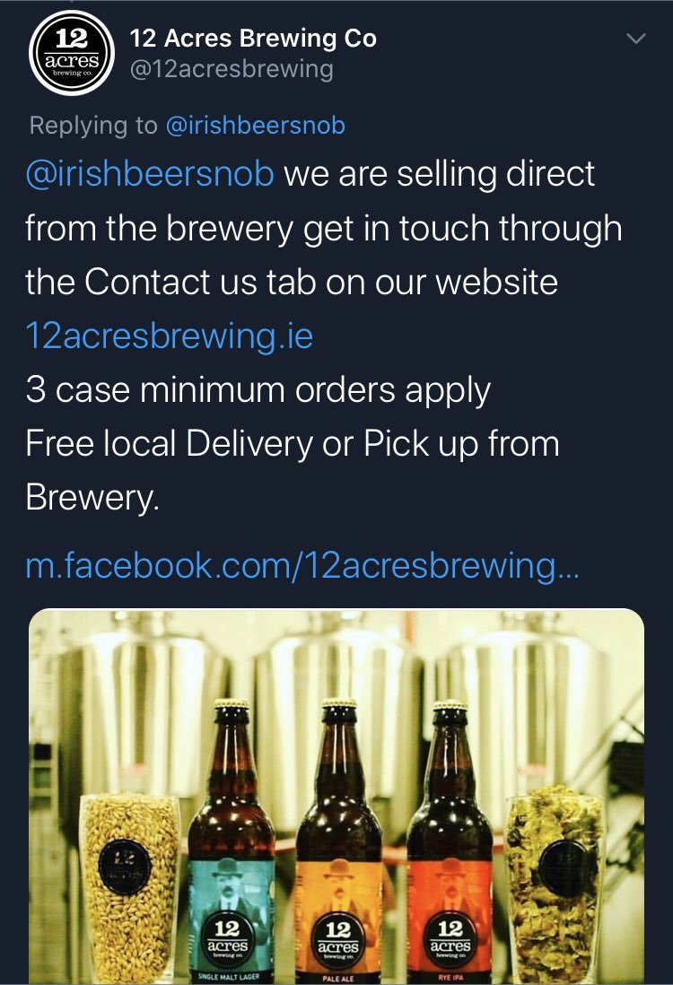Laois based  @12acresbrewing now getting in on the act, collect at brewery or free local delivery on Pale Ale, Lager , Rye IPA plus cans of Far Side Hazy IPA and Winter is Coming Oatmeal Porter