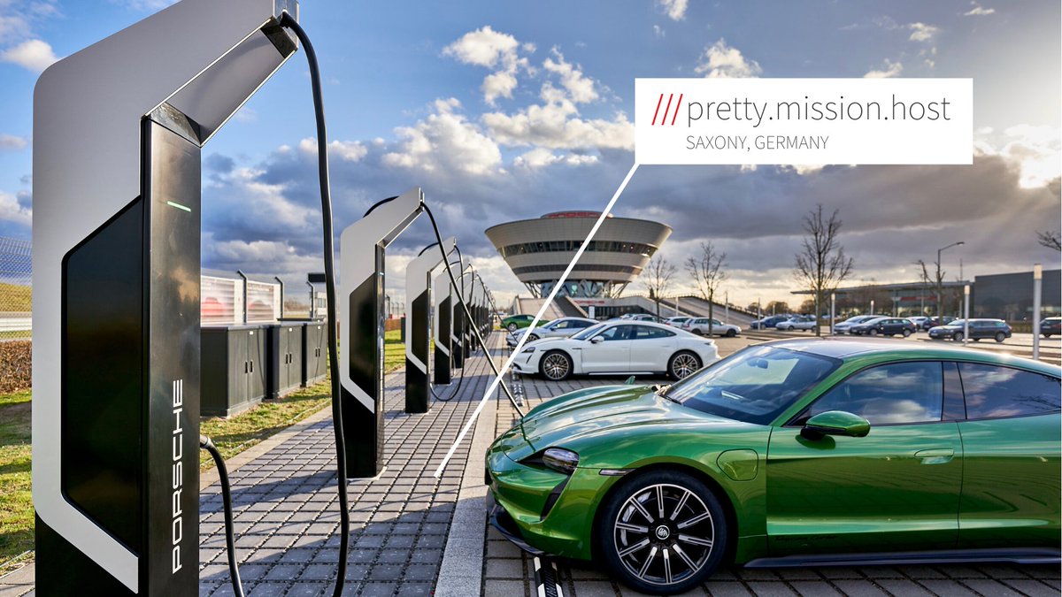Porsche being charged at what3words address pretty mission host, saxony, germany.