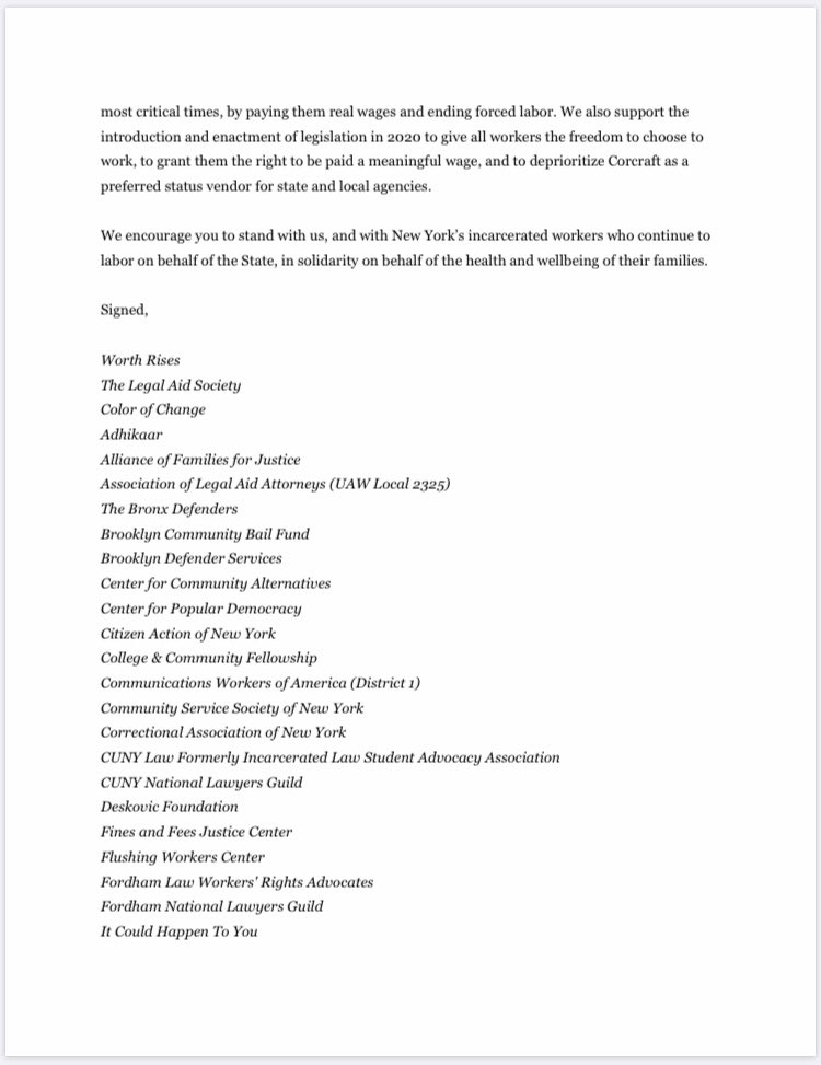 WorthRises's tweet photo. We just sent a letter to @NYGovCuomo on behalf of 50 organizations demanding he pay incarcerated workers minimum wage and continue pay through any potential work interruption in prison. 

Incarcerated labor has value, it’s currently saving our lives in NY.

#LaborIsLabor https://t.co/ecL5b59KSG