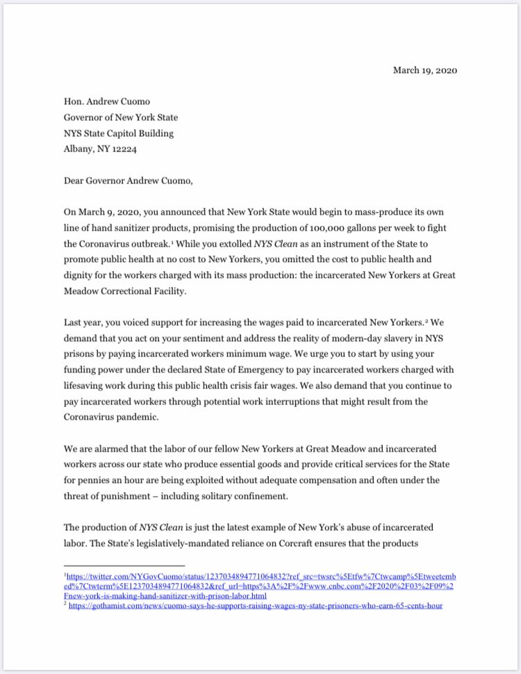 WorthRises's tweet photo. We just sent a letter to @NYGovCuomo on behalf of 50 organizations demanding he pay incarcerated workers minimum wage and continue pay through any potential work interruption in prison. 

Incarcerated labor has value, it’s currently saving our lives in NY.

#LaborIsLabor https://t.co/ecL5b59KSG