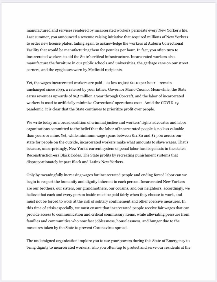 WorthRises's tweet photo. We just sent a letter to @NYGovCuomo on behalf of 50 organizations demanding he pay incarcerated workers minimum wage and continue pay through any potential work interruption in prison. 

Incarcerated labor has value, it’s currently saving our lives in NY.

#LaborIsLabor https://t.co/ecL5b59KSG