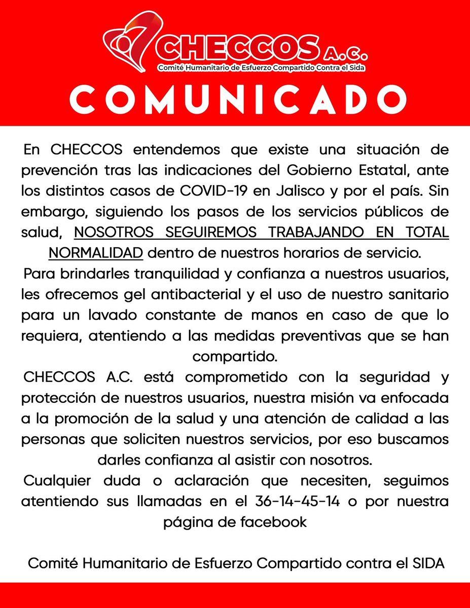 CdmxAspar's tweet photo. COMUNICADO OFICIAL RESPECTO A LA SITUACIÓN DE CUARENTENA CON EL COVID-19 EN #CHECCOS #VIH https://t.co/ZViOll1jss