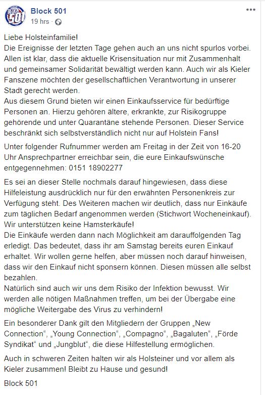 Holstein Kiel’s Block 501 have published a phone number for coordinating help to anyone needing it in the northern city.