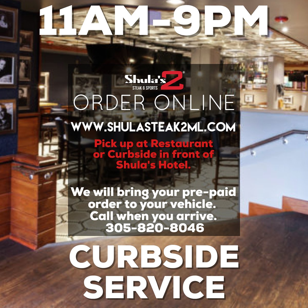MLSteaks's tweet photo. In this crisis situation, we are here to serve you through it. 
.
Order online and pick up pre-paid order Curbside of @shulashotel 
.
Once you've ordered. Pull up to the restaurant and call 305-820-8046
.
We will bring your order to your car.
.
Shula's 2 https://t.co/8zQ4r2kkH0
