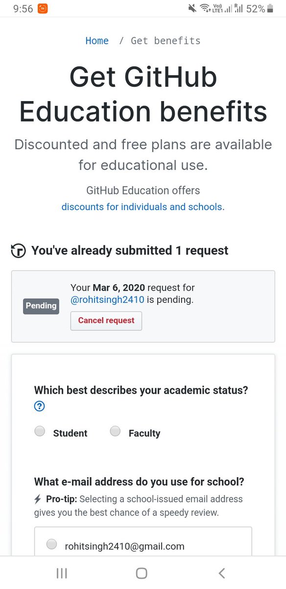 therohitsingh96's tweet photo. @github can you please take an action on my student pack approval ? Was thinking to learn/work on my skills during the CVD lockdown.?
#githubstudentpack #github https://t.co/xZjW2DHFB0