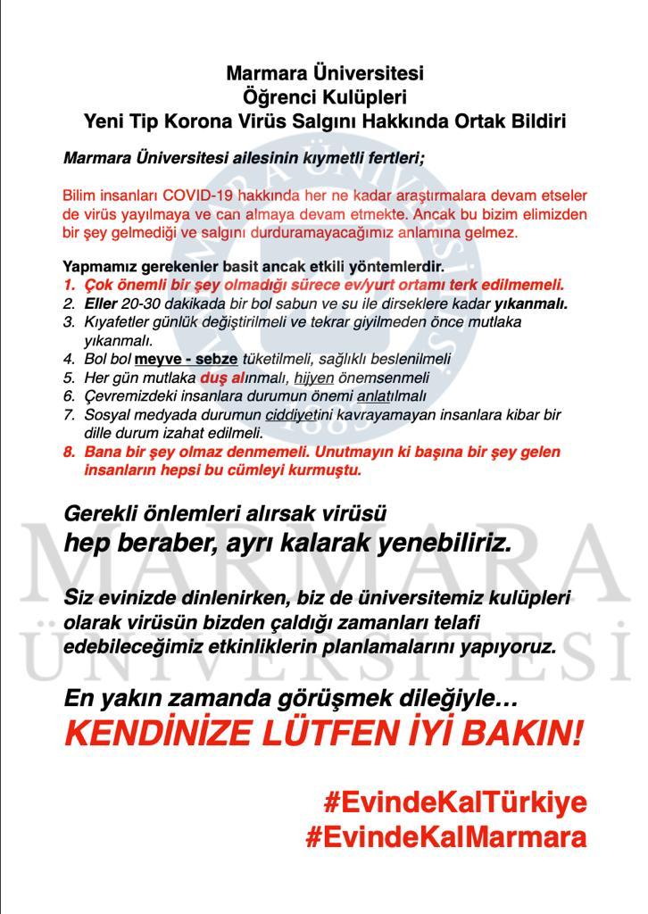 Üniversitemiz öğrenci kulüpleri olarak COVID-19 hakkında bilinçlenme sağlayabilmek adına bir bildiri hazırladık. #EvindeKalTürkiye #EvindeKalMarmara hashtag’leri ile sosyal medyada paylaşıyoruz. Sen de kendi mesajınla beraber paylaş sesini duyur. Ayrı kalarak virüsü yeneceğiz.
