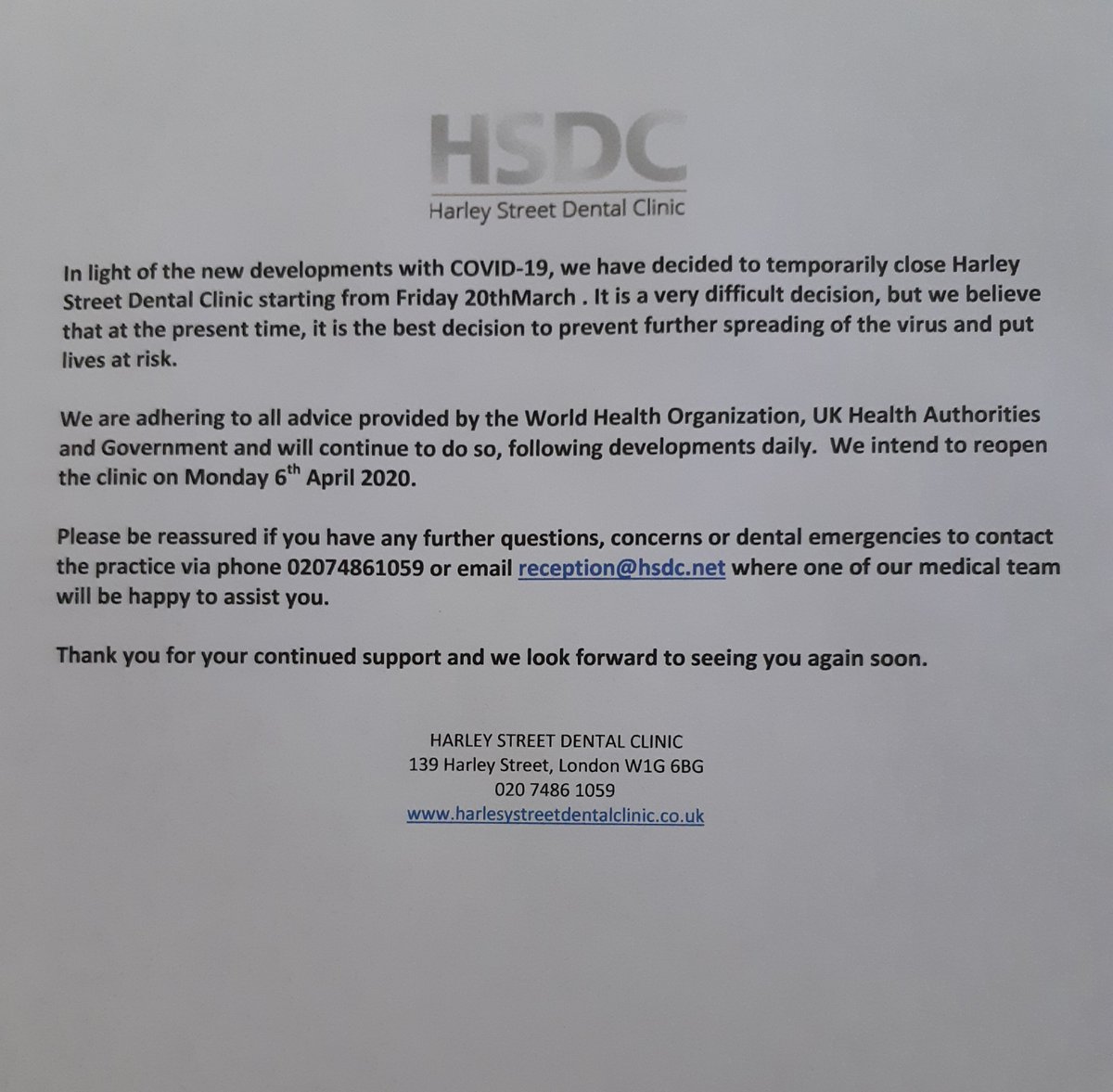 HARLEY STREET DENTAL CLINIC
NEW COVID-19
UPDATE