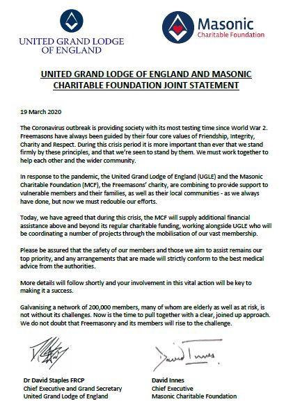 pgl_york's tweet photo. Latest News from @UGLE_GrandLodge 
We have today released a joint statement with @Masonic_Charity on our response to the ongoing Coronavirus outbreak. https://t.co/xnbefgHpZR