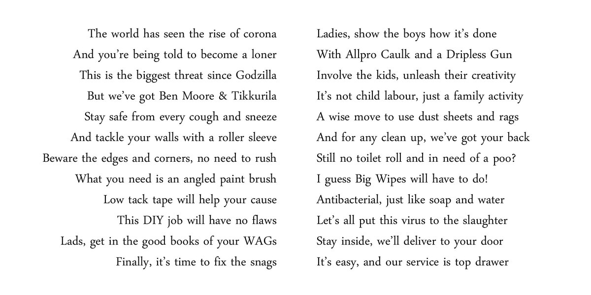LDMdirect's tweet image. #COVID19, a poem (pt II)

The world has seen the rise of corona
And you’re being told to become a loner
This is the biggest threat since Godzilla
But we’ve got Ben Moore &amp;amp; Tikkurila
Stay safe from every cough and sneeze
And tackle your walls with a roller sleeve

[CONT.] 👇