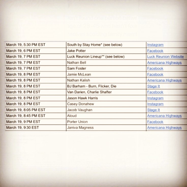 reddirtnc's tweet image. Plan accordingly ... at least 15 shows on tap TONIGHT (3/19) including #SouthByStayHome, @LuckReunion, @BJBarhamTweets, @caseydband, @PorterUnion &amp;amp; more! #RedDirtNC