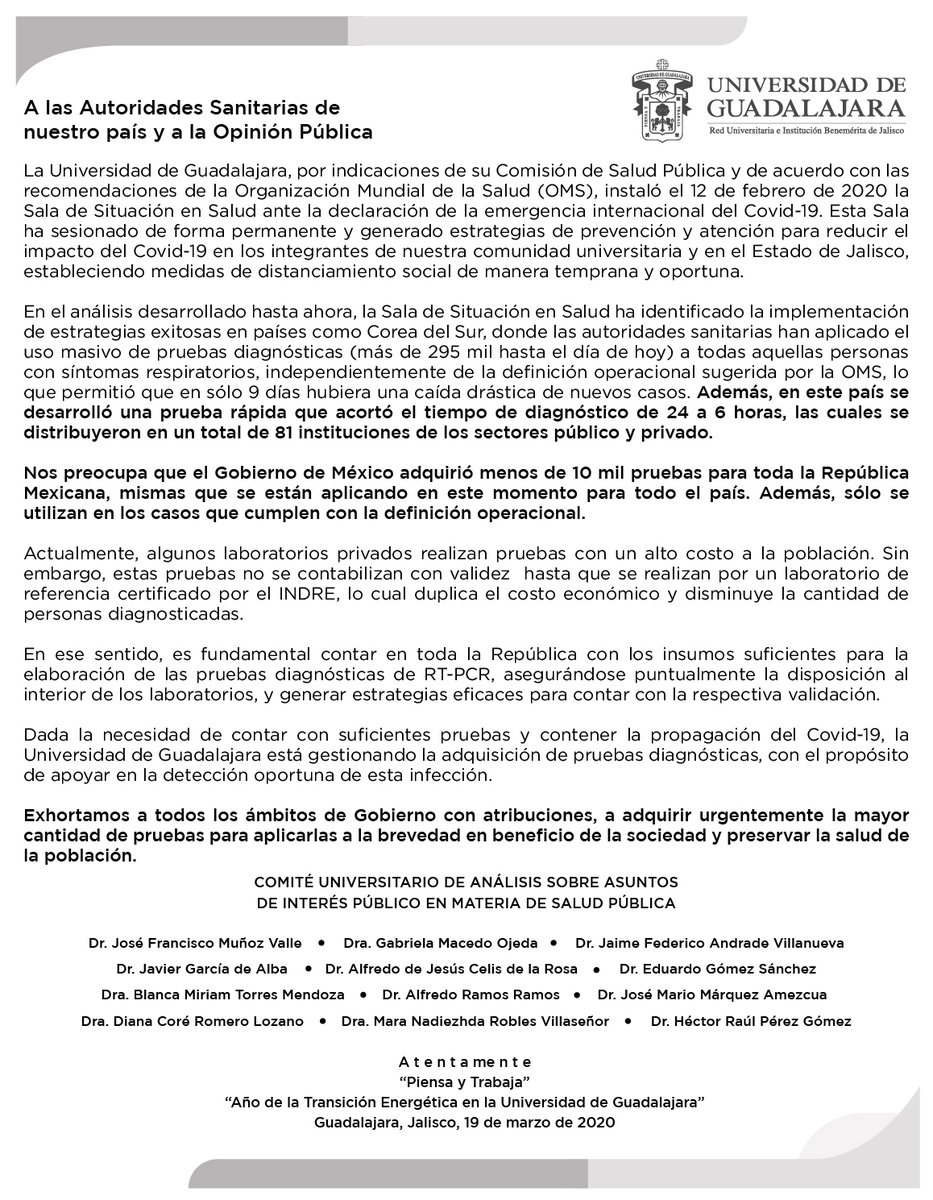 udg_oficial's tweet photo. Comunicado para exhortar a todos los ámbitos de Gobierno con atribuciones, a adquirir un mayor número de pruebas diagnósticas de #COVID19 y aplicarlas a brevedad en beneficio de la salud de la población mexicana. https://t.co/aBaFYgq58O