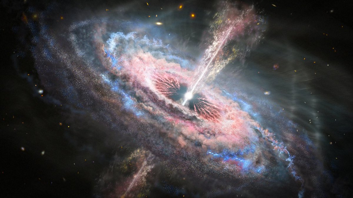 NASAHubble's tweet photo. Using Hubble, astronomers have discovered that the pressure from some supermassive black holes can push material away at a fraction of the speed of light. Depicted in this illustration, these outflows are the most energetic ever witnessed in the universe: https://t.co/kA525J8L6x https://t.co/DcTA3jNH5P