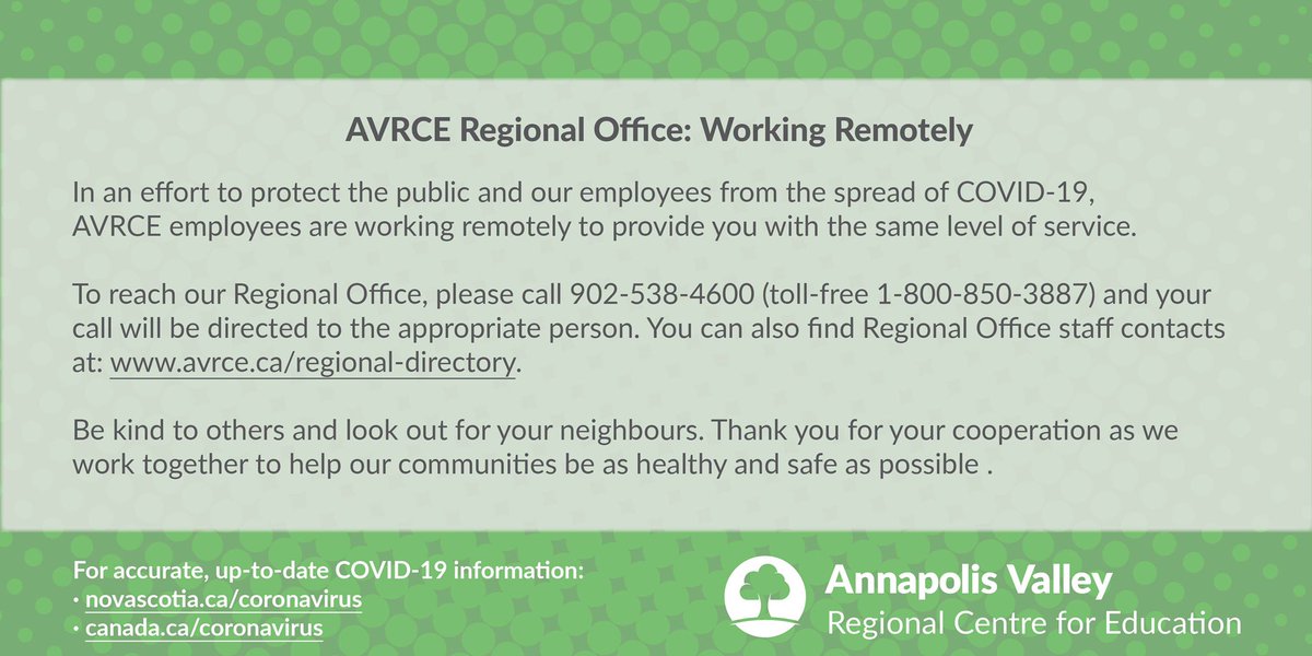 DaveJonesNS's tweet photo. This week and as schools remain closed from March 23 - April 3, most of our staff are working remotely. Proud of all AVRCE staff as they support the system while helping to limit COVID-19 risks. As always we can be reached at 538-4600. Thanks for working together to stay healthy. https://t.co/MFKJuyIlJd