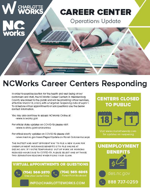 CharlotteWorks's tweet photo. Both of the @ncworks Career Centers in #MecklenburgCounty are closed to the public through the end of March. During this time, the centers will operate, by taking virtual appointments. We are targeting to open the centers on April 1. 

Visit our site: 
https://t.co/lwrSXIacL9 https://t.co/Hr4VJnWlId