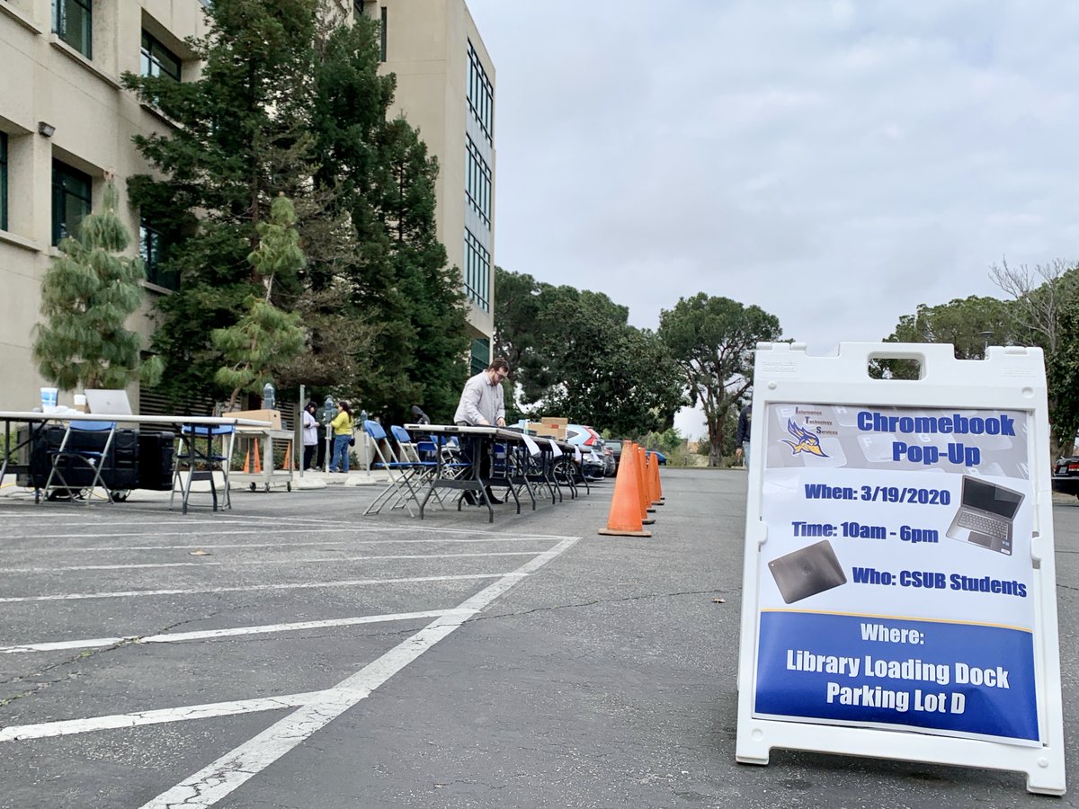 CSUBakersfield's tweet photo. UPDATE: 'Runners, @ITSCSUB is providing a #Chromebook Pop-Up today from 10 a.m. to 6 p.m. Stop by the @WWStiernLibrary loading dock (Parking Lot D) to check out a Chromebook. Keep an eye out for updates via email and https://t.co/bfWqCcYVI0 #TogetherWeCan #CSUB #RunnerPride 💙💛 https://t.co/QuIHfO9osX