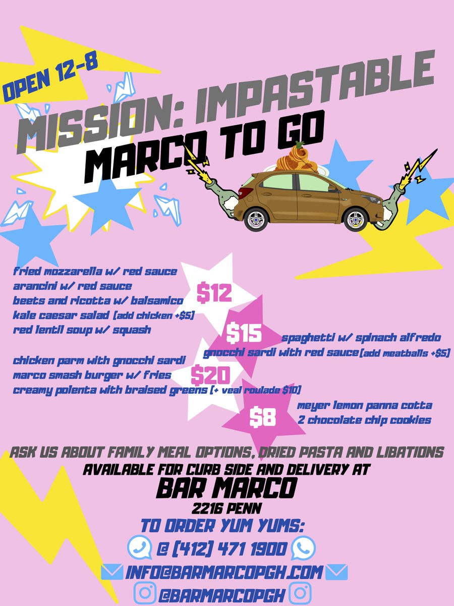 In the Pgh area? We're offering curbside pickup and curbside delivery in a 5-mile radius of us ($5 flat fee or free if order over $60) from your friendly <a href="/BarMarcoPGH/">Bar Marco</a> staff! Menu will be changing daily so check out our website each day: barmarcopgh.com